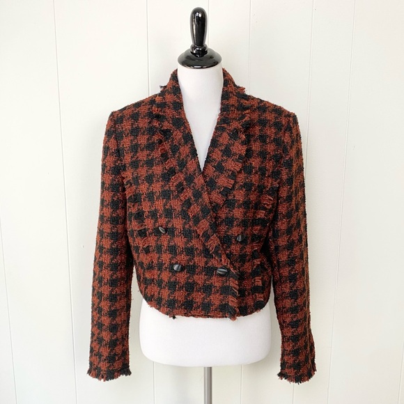 House Of Harlow 1960 Black/Rust Houndstooth Tweed Cropped Blazer Women's size L - Picture 1 of 16